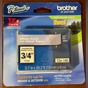 Brother Part# TZe-145 Label Tape (OEM) 3/4" White on Clear NEW
#brother #p-touch